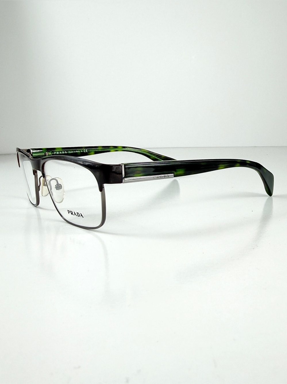 Prada Black Green Tortoiseshell Eyeglasses VPR 61P KAG-101 Rectangle Browline - Picture 3 of 15